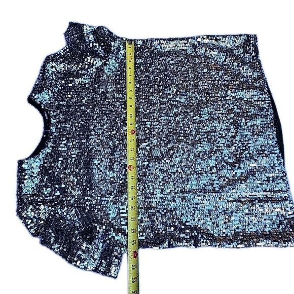 Express Silver Sequin Sparkly Party Disco Lined Short Sleeved Top Shirt Size XL - Picture 6 of 8